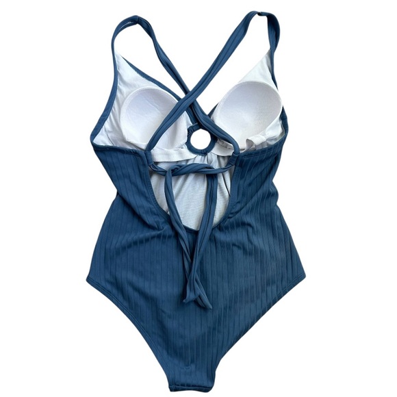 DAVINA Women’s 1-Piece Swimsuit Ribbed Blue Key-Hole Open Tie-Back Light Bra M - Picture 2 of 11